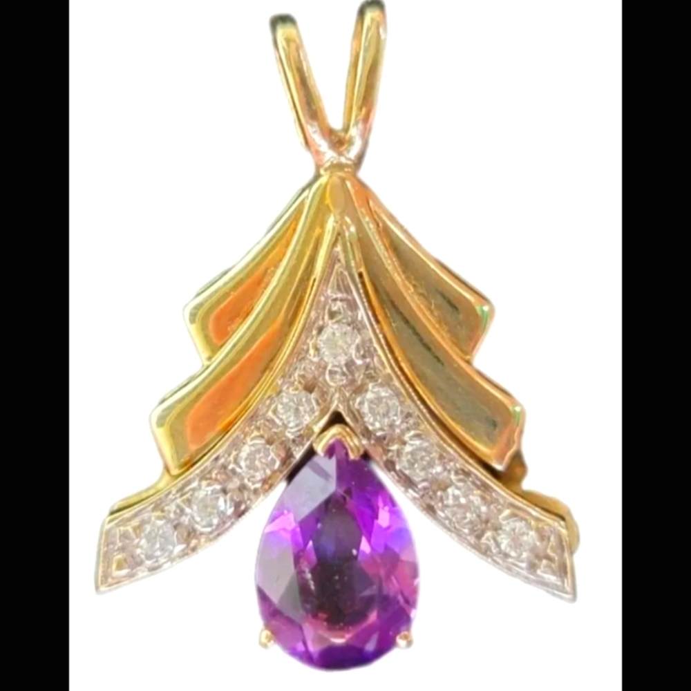 Pendant Amethyst Diamond 14k Yellow Gold  Charm 4.7 grams